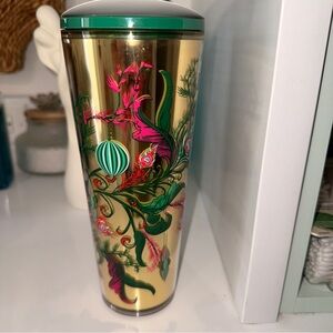 Starbucks Gold Tumbler with Floral Design and reindeer and rubber reindeer straw